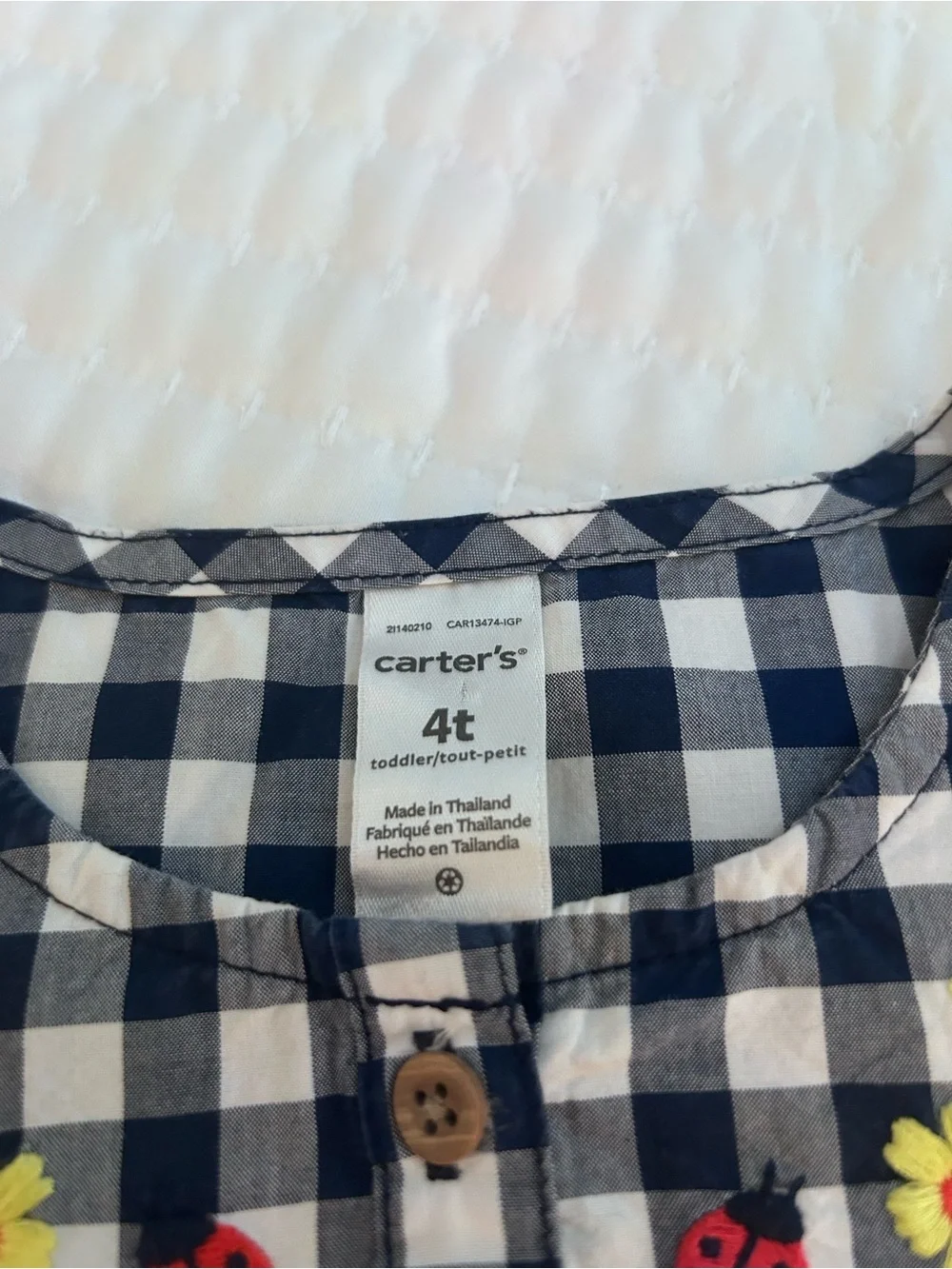 Carter's Navy and White Gingham Dress with Floral Embroidery. Size 4T